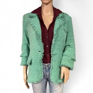 Daniel Rainn Women’s Green Tweed Blazer Size Large Ruched 3/4 Sleeves Fringed